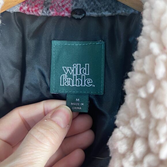 Wild Fable Buffalo Red Plaid Faux Fur Collar Preppy Zip Up Wool Blend Jacket MD - Picture 10 of 12